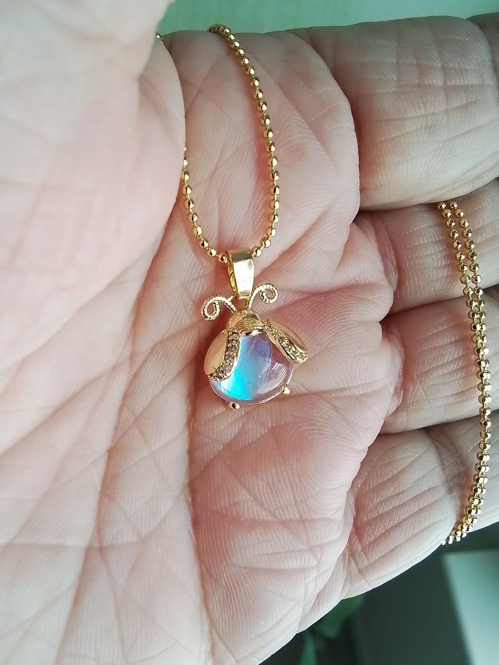 Gold Plated Opalescent Lady Bug Pendant Necklace